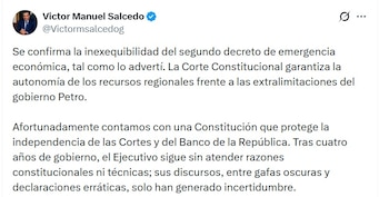 Víctor Salcedo, representante a la Cámara, dijo que el Ejecutivo sigue sin atender razones constitucionales ni técnicas - crédito @VictorSalcedoG/X