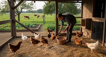 Persona recogiendo huevos en un gallinero con gallinas, cesta, paja en el suelo. Campo verde, vacas, árboles frutales y huerto al fondo.