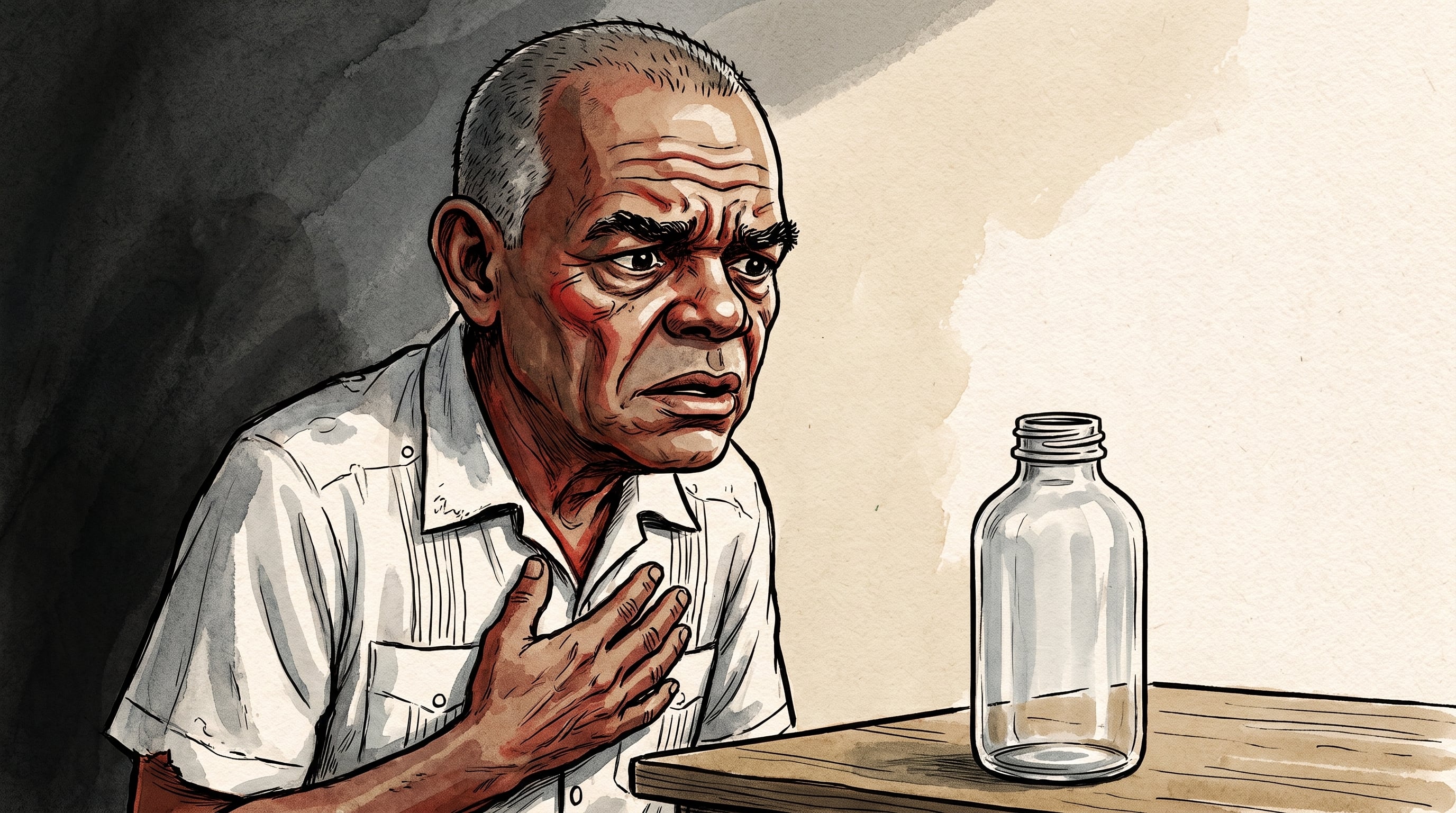 Un hombre con guayabera se lleva la mano al pecho al observar un frasco de medicinas vacío sobre una mesa, en referencia a la escasez de fármacos en Cuba. (Imagen Ilustrativa Infobae)