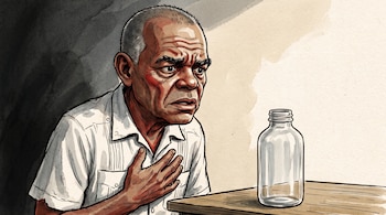 Ilustración de un hombre mayor con guayabera blanca y la mano en el pecho ante un frasco de vidrio vacío sobre una mesa.