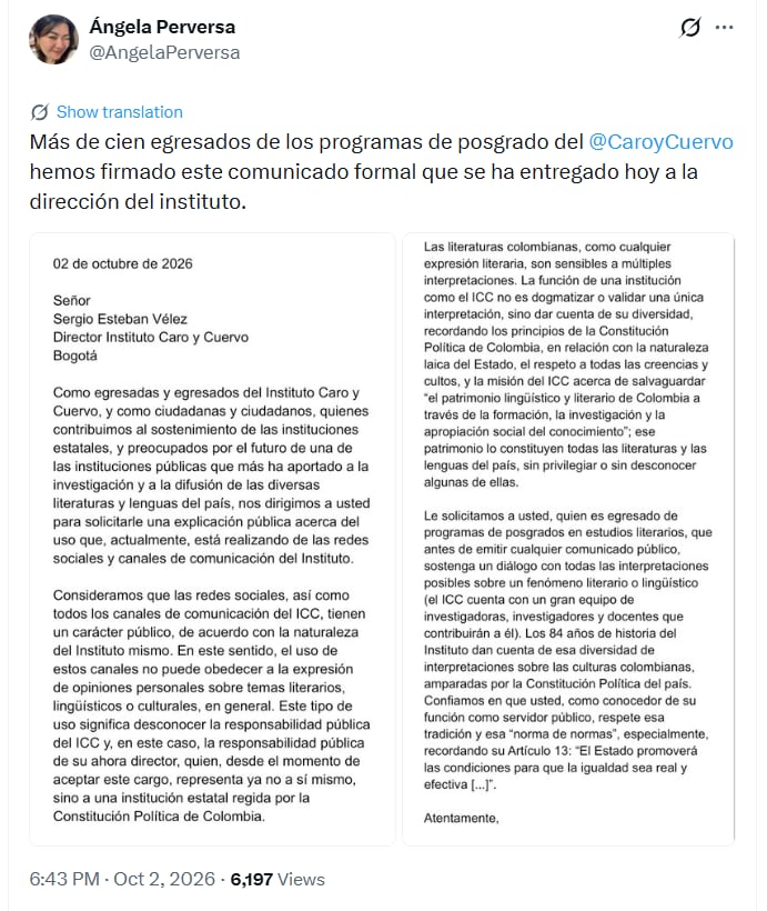 La carta hace referencia al artículo 13 de la Constitución Política de Colombia, relacionado con la obligación estatal de promover condiciones para que la igualdad sea real y efectiva - crédito @AngelaPerversa/X