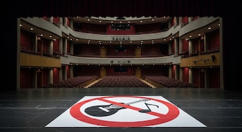 Vista frontal de un auditorio vacío con butacas rojas. En el centro del escenario oscuro, una señal de prohibición roja sobre un dibujo de guitarra y nota musical.