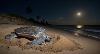 Una tortuga marina con caparazón oscuro y aletas grandes deposita huevos redondos en un nido de arena en la playa bajo la luna llena, con palmeras al fondo.