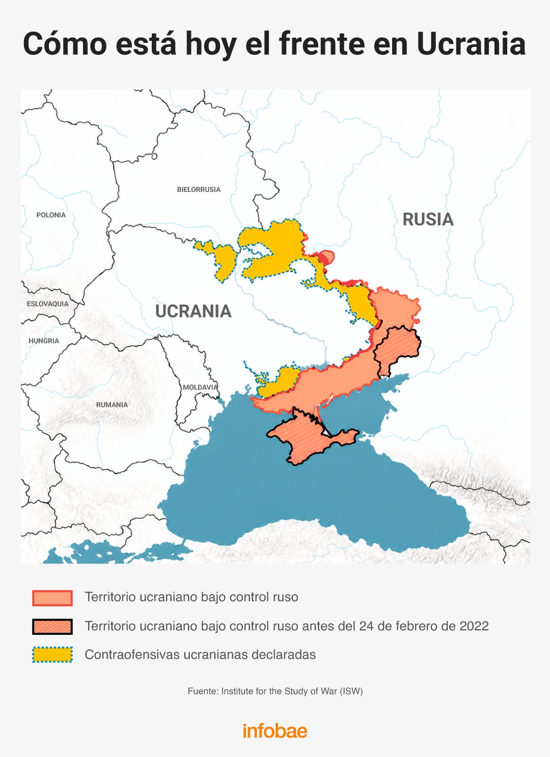 Un mapa de Ucrania detalla las zonas bajo control militar ruso y las contraofensivas ucranianas a partir de datos del Institute for the Study of War.