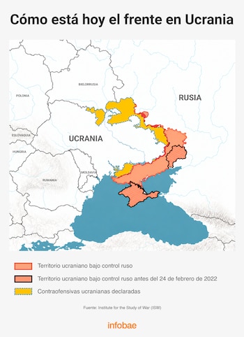 Mapa de Ucrania y países limítrofes con áreas marcadas en naranja y amarillo, referencias inferiores y el mar Negro al sur