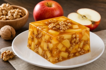 Un bloque rectangular de gelatina de color ámbar con manzana y nueces en un plato blanco, junto a manzanas y nueces en una mesa de madera.