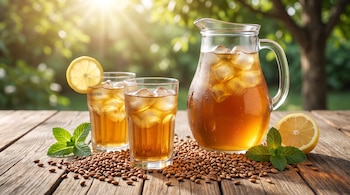Jarra de vidrio y dos vasos con té helado y cubos de hielo; una rodaja y media de limón, hojas de menta y granos de cebada sobre una mesa de madera.
