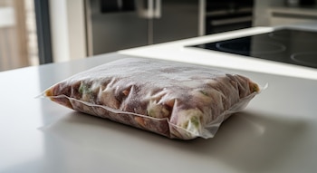 Bolsa de alimento congelado para perros con escarcha, conteniendo trozos de carne y vegetales, sobre una encimera blanca de cocina bajo luz natural.