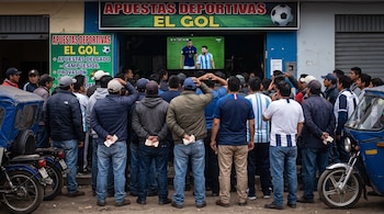 Grupo de hombres de espaldas frente a un televisor que muestra un partido de fútbol, con billetes de dinero en las manos, en la entrada de una casa de apuestas.