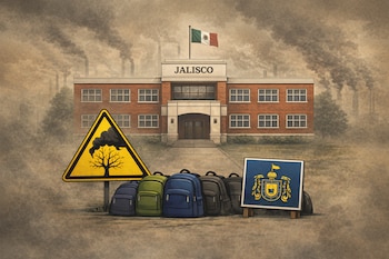 Ilustración de escuela en Jalisco bajo humo industrial. Se ven mochilas escolares, un letrero de advertencia con árbol humeante y el escudo de Jalisco.