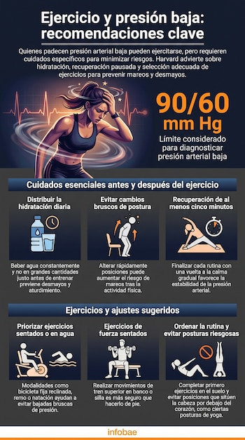 Infografía con títulos sobre ejercicio y presión baja, ilustraciones de una mujer mareada, elementos de hidratación y diversas figuras humanas realizando ejercicios.