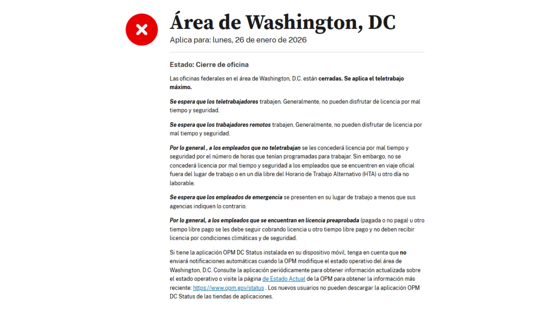 El comunicado oficial de la Oficina de Administración de Personal (Captura de pantalla)