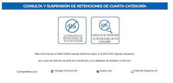 Encabezado: Consulta y Suspensión de Retenciones de Cuarta Categoría. Dos íconos: suspensión y consulta de retenciones. Datos de contacto, horarios y navegadores web compatibles