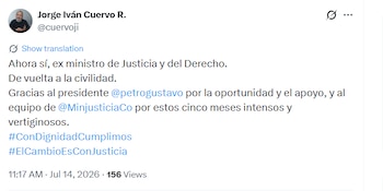 Cuervo agradeció al presidente Petro por la oportunidad que tuvo de dirigir el ministerio - crédito @cuervoji / X
