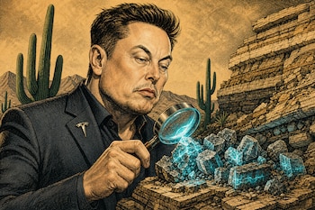 Ilustración de Elon Musk con traje oscuro y lupa frente a fragmentos de roca luminosa, con cactus saguaro y montañas de fondo.