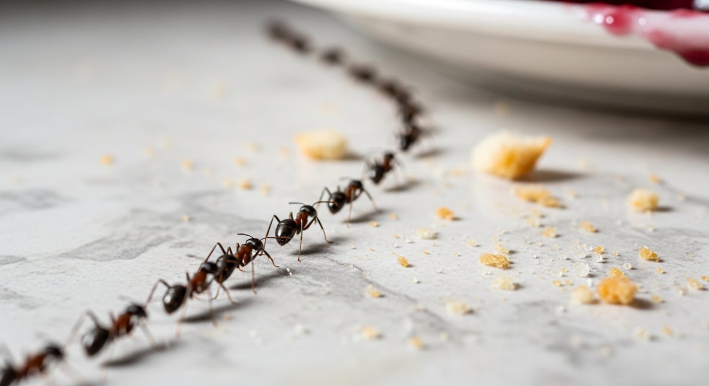 Una fila de hormigas recorre una superficie de cocina donde hay migas y gotas de un plato con salsa roja al fondo. (Imagen Ilustrativa Infobae)