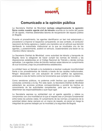 El hecho, ocurrido la noche del jueves 20 de agosto, generó controversia tanto por el proceder de las autoridades como por la agresión física, que la Secretaría de Movilidad anunció que llevará ante las instancias judiciales - crédito Secretaría de Movilidad