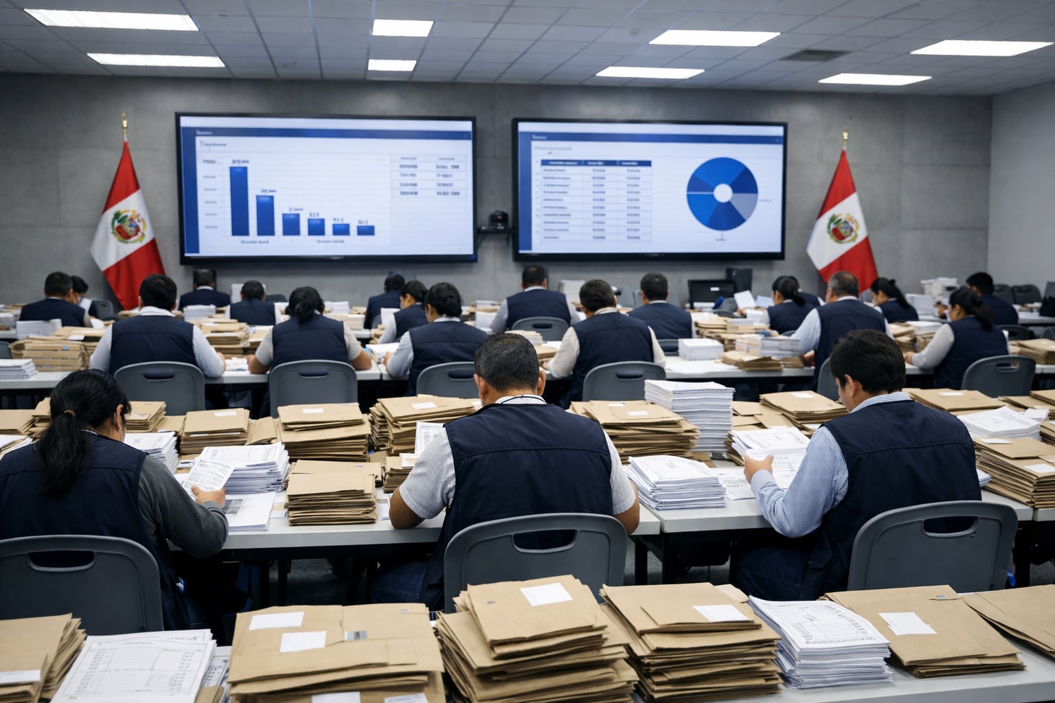 Funcionarios de la Oficina Nacional de Procesos Electorales (ONPE) en Perú revisan meticulosamente actas electorales y sobres en una sala de conteo, con pantallas exhibiendo resultados en tiempo real. (Imagen Ilustrativa Infobae)