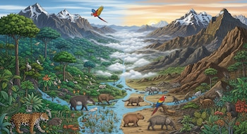 Ilustración detallada de un paisaje peruano donde la Amazonía verde se fusiona con los Andes nevados, mostrando animales selváticos moviéndose hacia las montañas, con un río y cielo azul.
