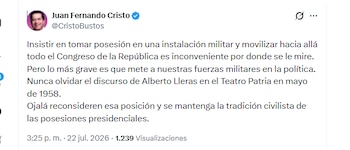 El exministro Juan Fernando Cristo rechazó la propuesta de que el presidente electo Abelardo de la Espriella se posesione en una guarnición militar - crédito @CristoBustos/X