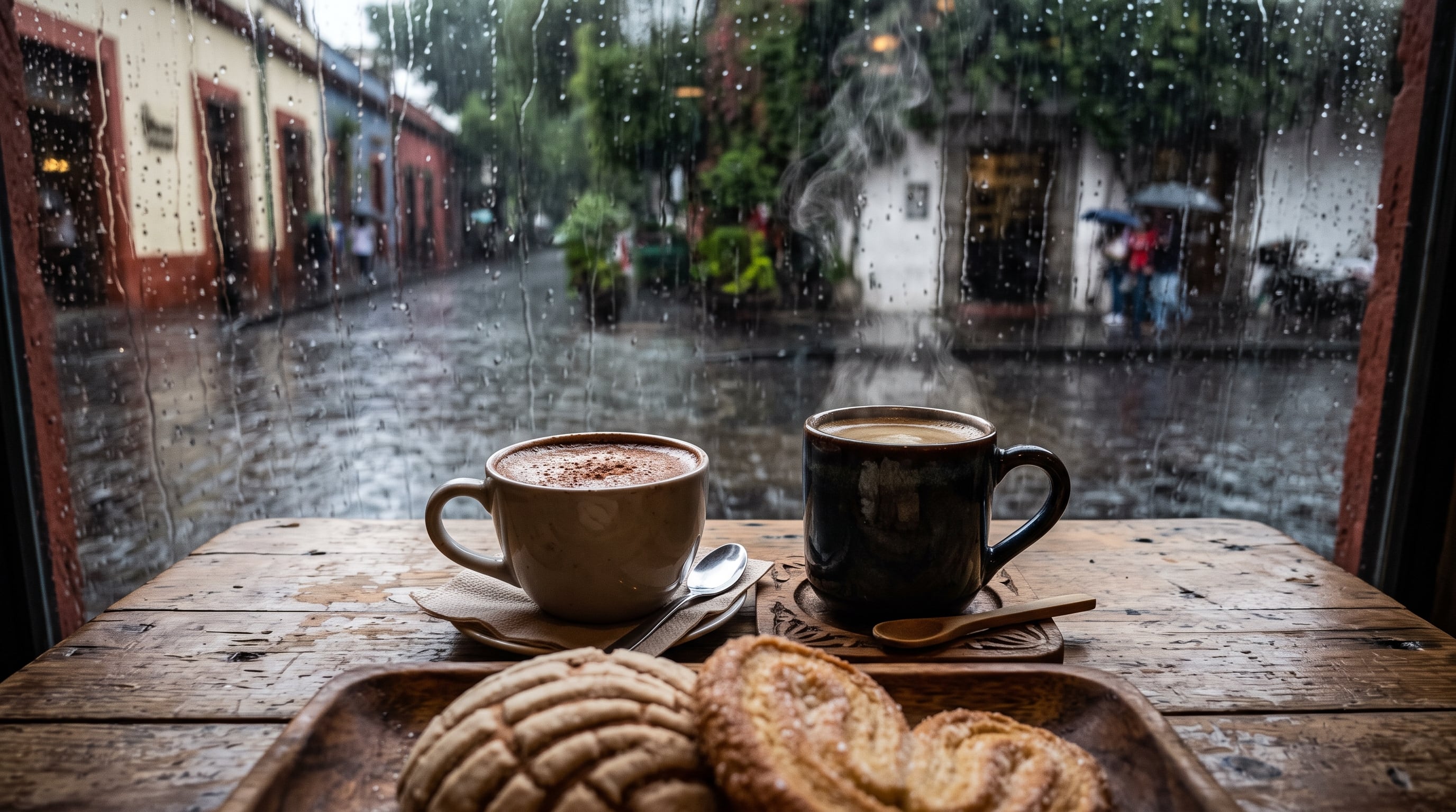 Dos tazas humeantes de café y chocolate con una bandeja de pan dulce reposan sobre una mesa de madera frente a una ventana que da a una calle lluviosa en Coyoacán, Ciudad de México. (Imagen Ilustrativa Infobae)