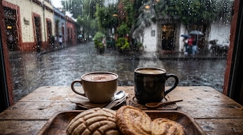 Dos tazas humeantes, una concha y una oreja de pan dulce sobre una mesa de madera frente a una ventana cubierta con gotas de lluvia.
