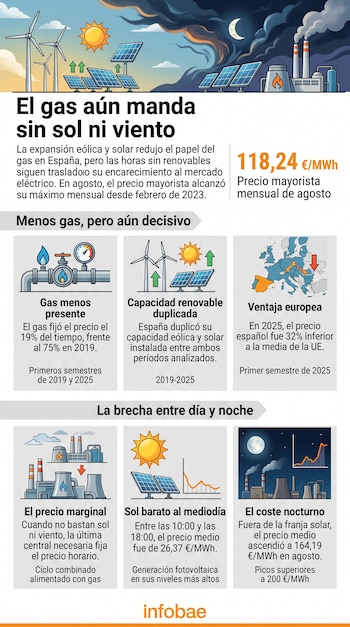 Infografía con ilustraciones de paneles solares, aerogeneradores, tuberías de gas y gráficos sobre precios del mercado eléctrico.