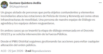 Gustavo Quintero informó que un grupo de personas atacó estaciones de Policía en Usme y Kennedy - crédito @GAquinteroA/X