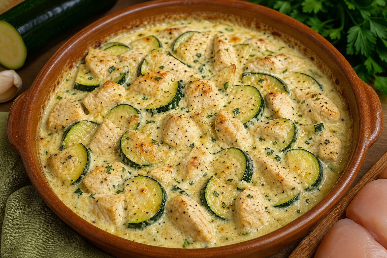 Cazuela cremosa de pollo y calabacín: receta alta en proteína y baja en grasa para adelgazar