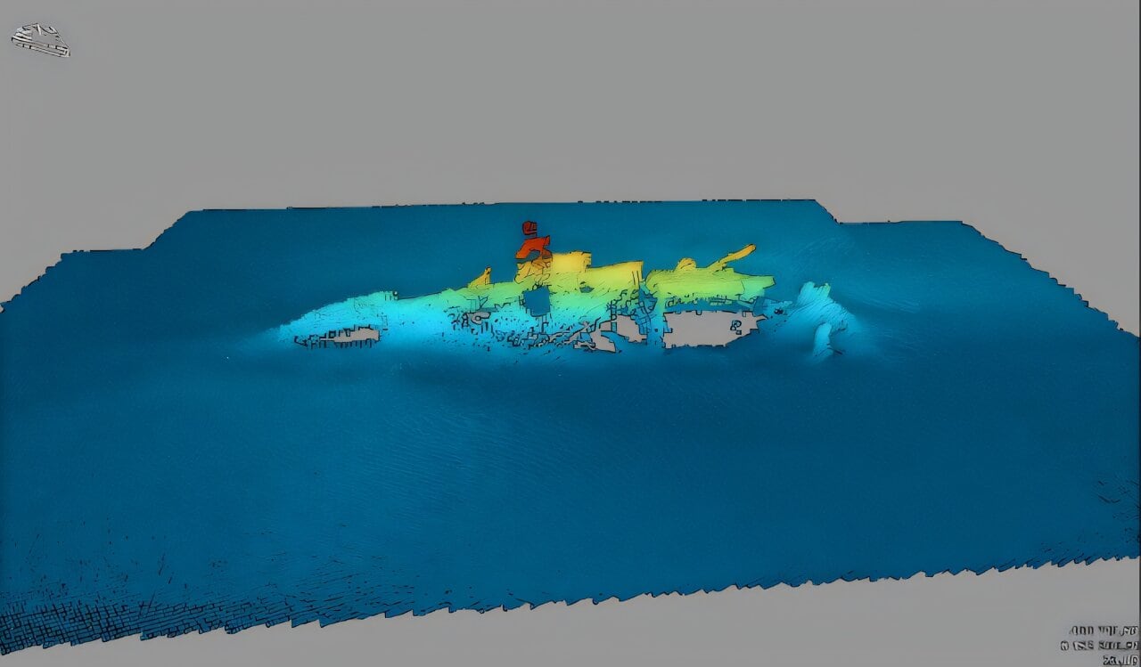 Modelo 3D de los restos del submarino UC-30, basado en escaneos del lecho marino obtenidos con una ecosonda multihaz. (Crédito: Kathrine Juul Andresen)