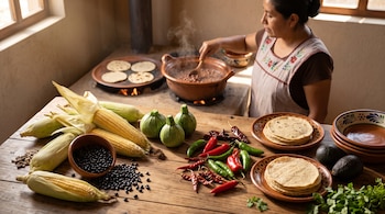 Maíz, frijoles negros, calabacitas, chiles, tortillas y aguacates sobre una mesa de madera, con una mujer cocinando al fondo.