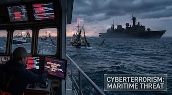 Un hombre opera monitores con texto de violación de sistema y origen China, Rusia, Corea del Norte, Irán, en la cabina de un barco con buques en el mar.