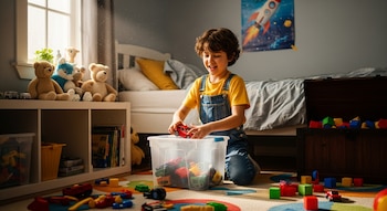 Nene arrodillado guarda coche rojo en contenedor transparente de juguetes. Habitación con cama, osos de peluche, ventana y alfombra colorida.