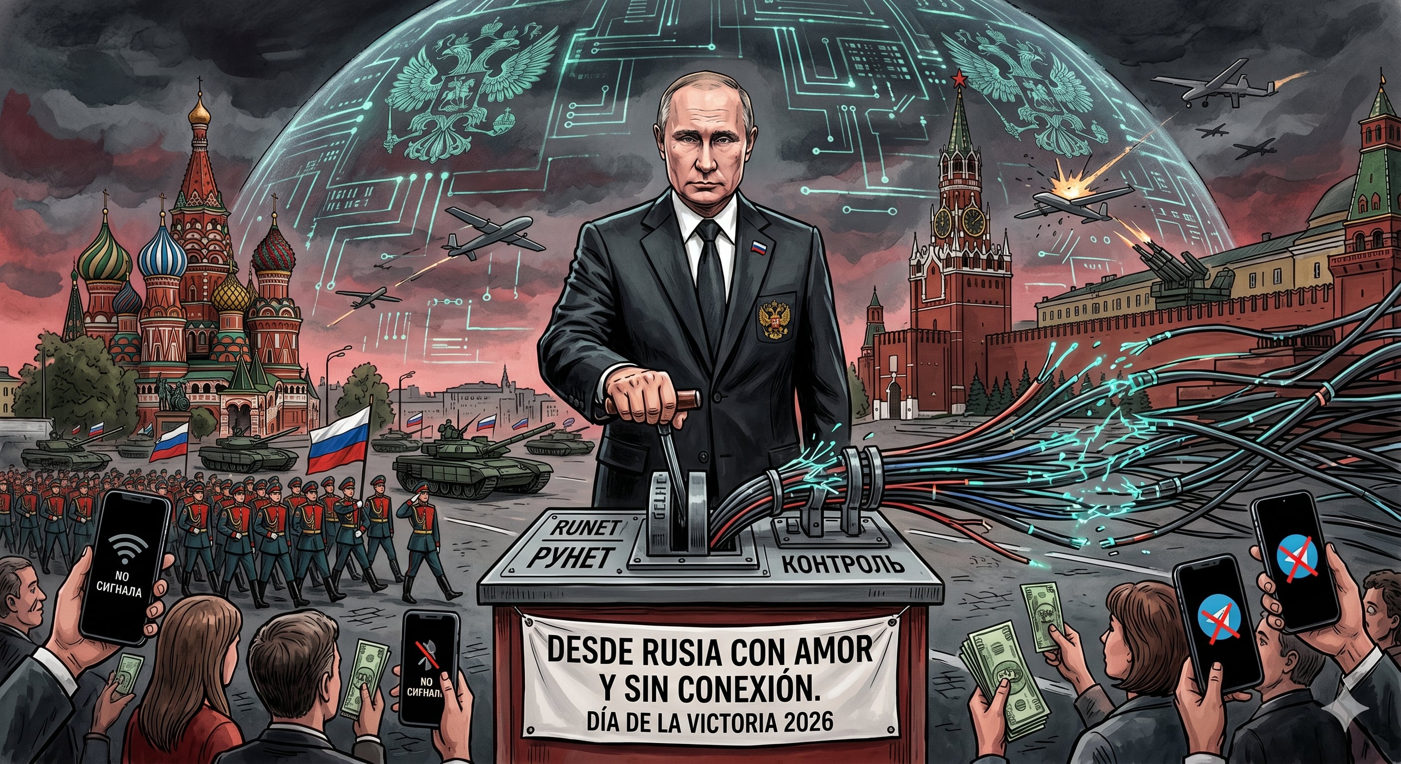 Una ilustración editorial muestra a Vladimir Putin cortando cables de fibra óptica, simbolizando el control total de Runet sobre Rusia, mientras un ciudadano frustrado sostiene billetes ante su teléfono sin conexión (Imagen Ilustrativa Infobae)