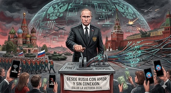 Ilustración: Vladimir Putin corta cables de fibra óptica. Ciudadano frustrado con teléfono sin señal y rublos. Fondo: Plaza Roja con desfile militar y cúpula 'Runet'.