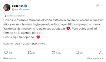 Captura de pantalla de un tuit de Wanda Nara (@wanditanara) con texto sobre un video en causa de violencia, fecha y hora de publicación