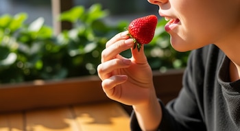 Una mano sostiene una frutilla roja con hojas verdes cerca de una boca con labios semiabiertos y dientes visibles, con un fondo verde borroso.