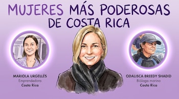 Ilustración de tres mujeres sobre un fondo lila claro con el texto 'Mujeres más poderosas de Costa Rica'. Mariola Urgellés y Odalisca Breedy Shadid flanquean a una mujer central rubia.