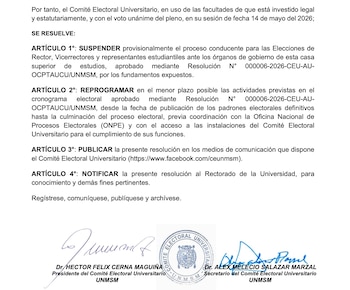 Comité Electoral UNMSM suspende elecciones para rector y vicerrectores.