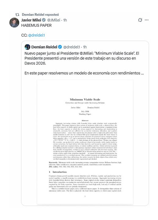 La publicación de Milei y Reidel en redes sociales