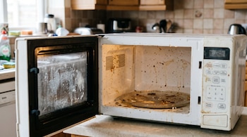 Horno de microondas blanco con la puerta abierta, el plato de vidrio y las paredes internas manchados con restos de comida sobre una encimera.