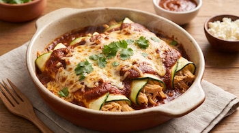 Enchiladas de calabaza con pollo, salsa roja, queso derretido y cilantro fresco en refractario. Un tenedor de madera y cuencos con salsa y queso.