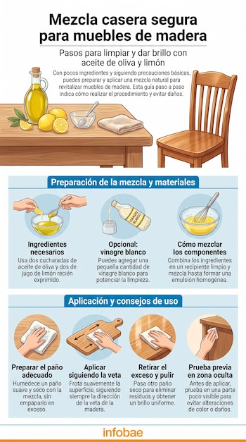 Infografía con ilustraciones de aceite de oliva, limones, vinagre, utensilios de mezcla y manos aplicando la mezcla en superficies de madera.