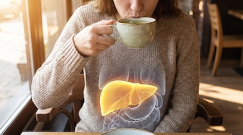 Mujer bebiendo de una taza de té verde, su torso muestra órganos internos, con el hígado resaltado en un tono amarillo brillante y el sistema digestivo.
