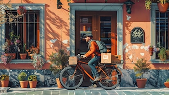 Mensajero en bicicleta entregando paquetes