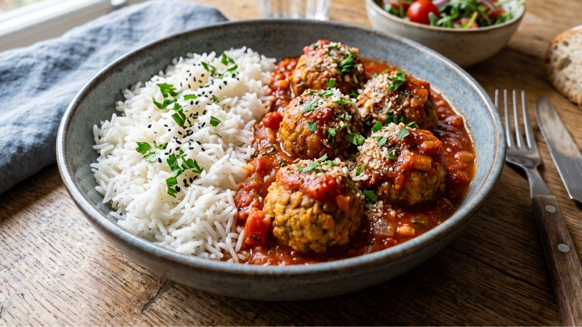 Un plato de albóndigas de lentejas en salsa de tomate servido con arroz blanco y perejil picado, acompañado de una ensalada fresca y pan en una mesa de madera. (Gemini)