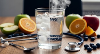Un vaso de agua dividido con hielo a la izquierda y vapor a la derecha, sobre una mesa de madera con manzanas, naranjas, arándanos, una cuchara y un estetoscopio.
