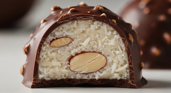 Primer plano de un bombón de chocolate oscuro con frutos secos, cortado por la mitad, mostrando un relleno blanco de coco rallado y dos almendras.