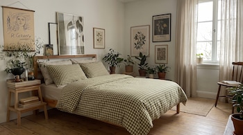 Dormitorio con cama de madera, edredón y almohadas a cuadros verdes. Ventana, cortinas, plantas en macetas, cuadros en paredes, mesita con libros, silla de madera.