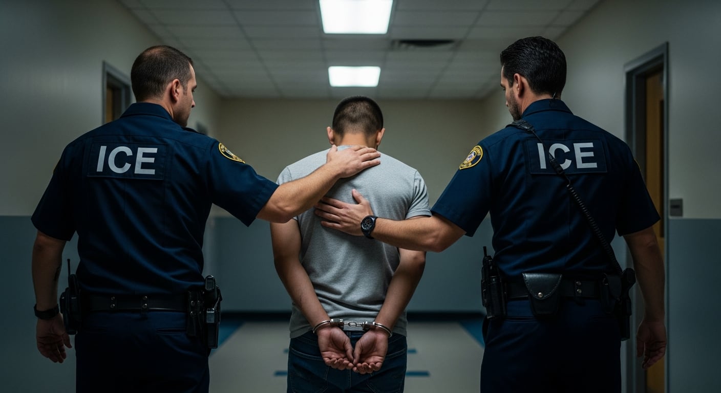 Dos agentes del Servicio de Inmigración y Control de Aduanas (ICE) escoltan a un hombre esposado, visto de espaldas, a través de un pasillo durante una operación de detención. (Imagen Ilustrativa Infobae)